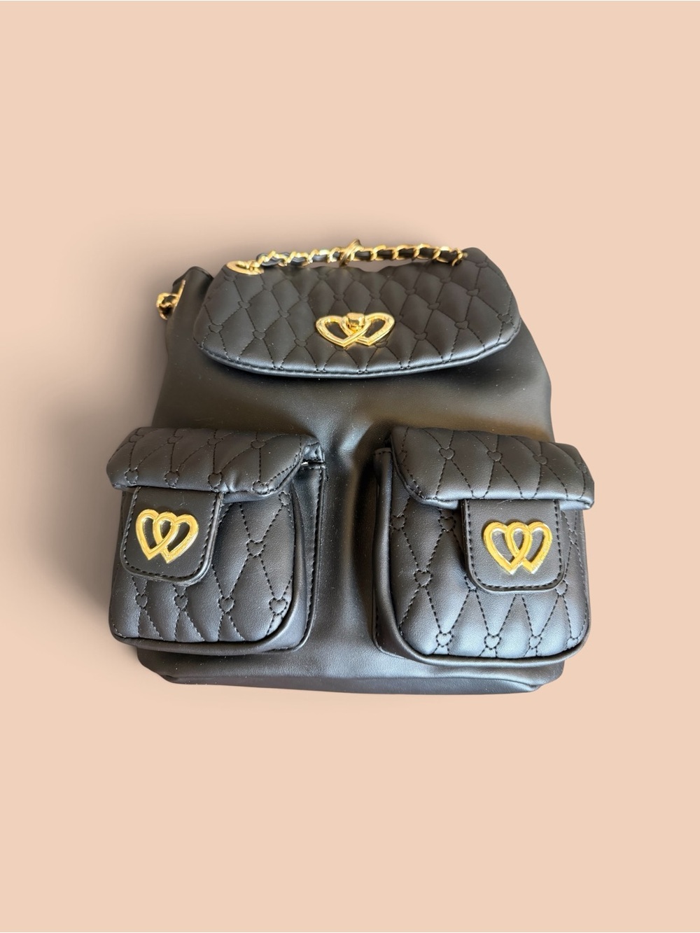 Betsey Johnson Black Quilted Backpack with Gold Heart Hardware